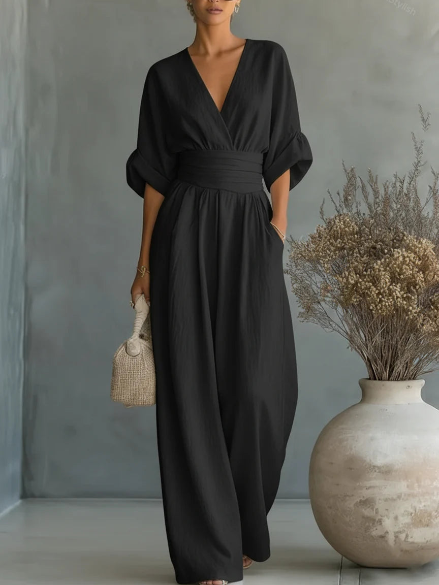Combinaison élégante à col en V, taille haute et coupe ample