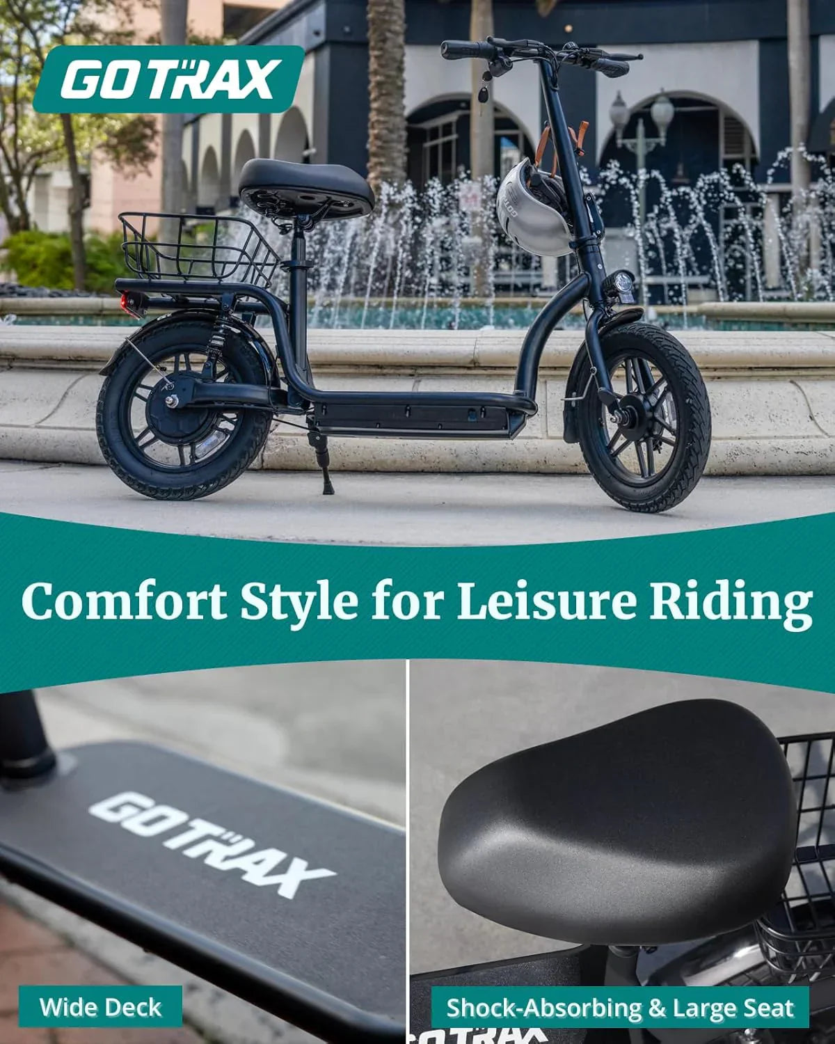 Gotrax adult electric scooter with seat maximum range of 19-25 miles all-terrain tires wide pedals