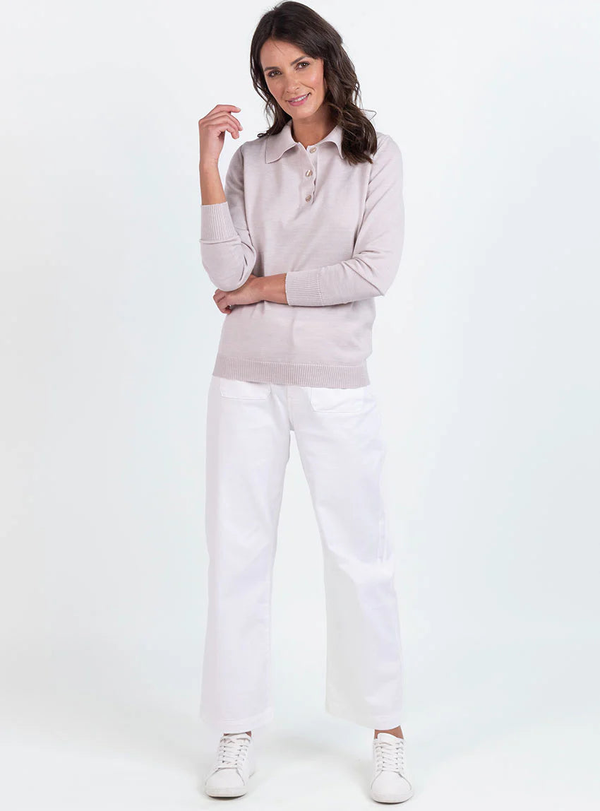 Pull femme col polo en laine beige naturel