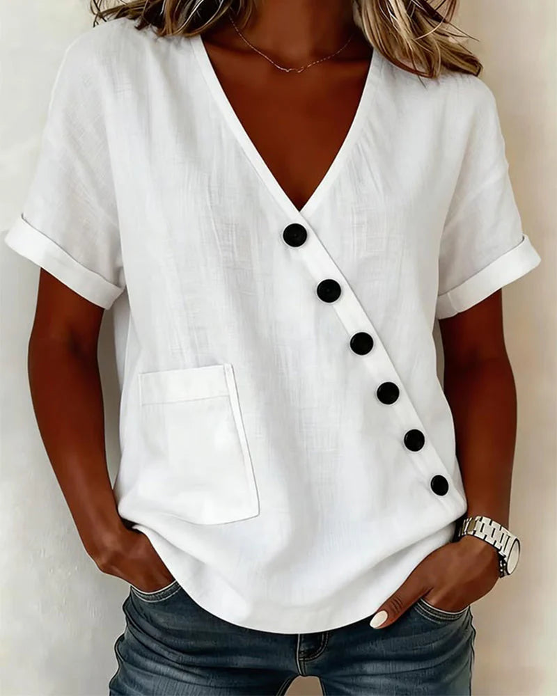 Blouse en coton à col en V avec patte de boutonnage diagonale