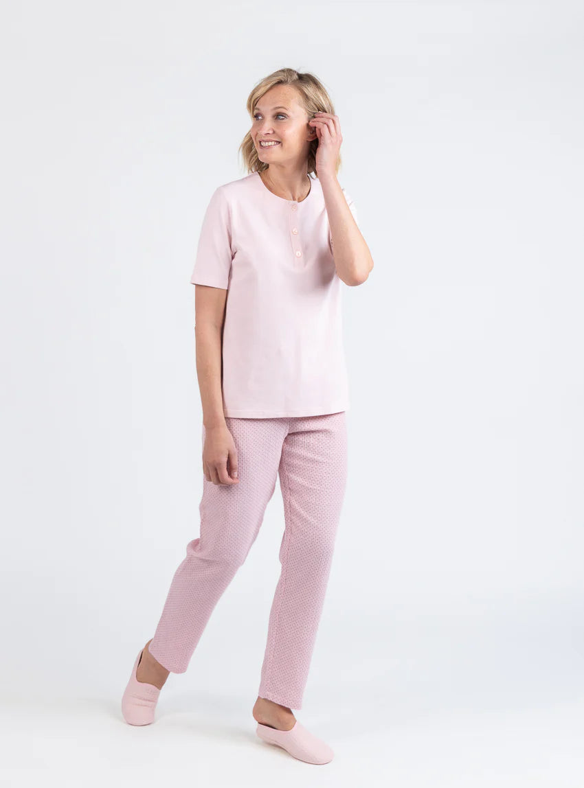 Pyjama femme col rond en coton rose