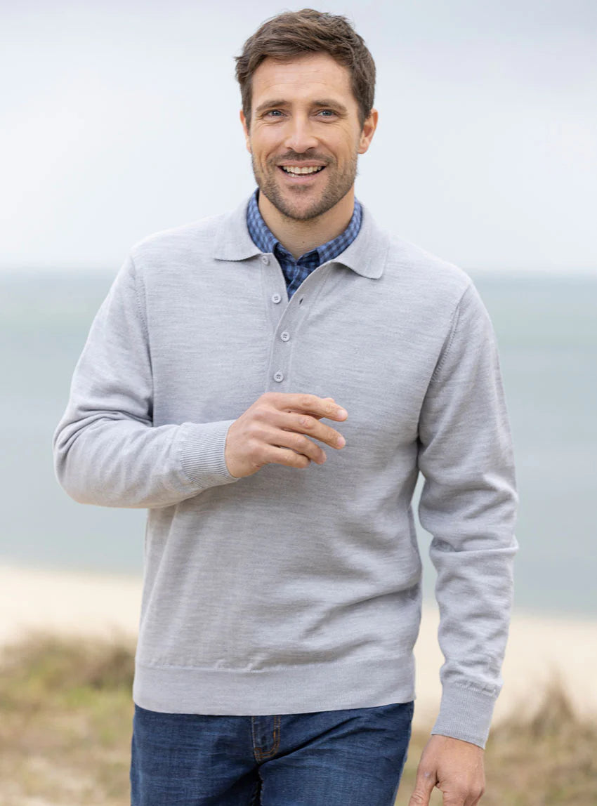 Pull homme col polo en laine gris givré