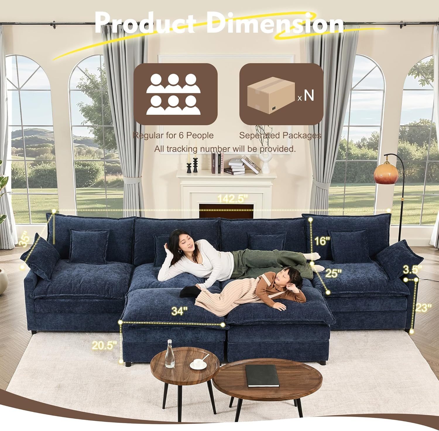 108 U Shaped Couch, Modular Sectional Sofa, 3-Seater Comfy Cloud Couch with Movable Ottoman, Deep Seat Couches for Living Room, Chenille, Slate