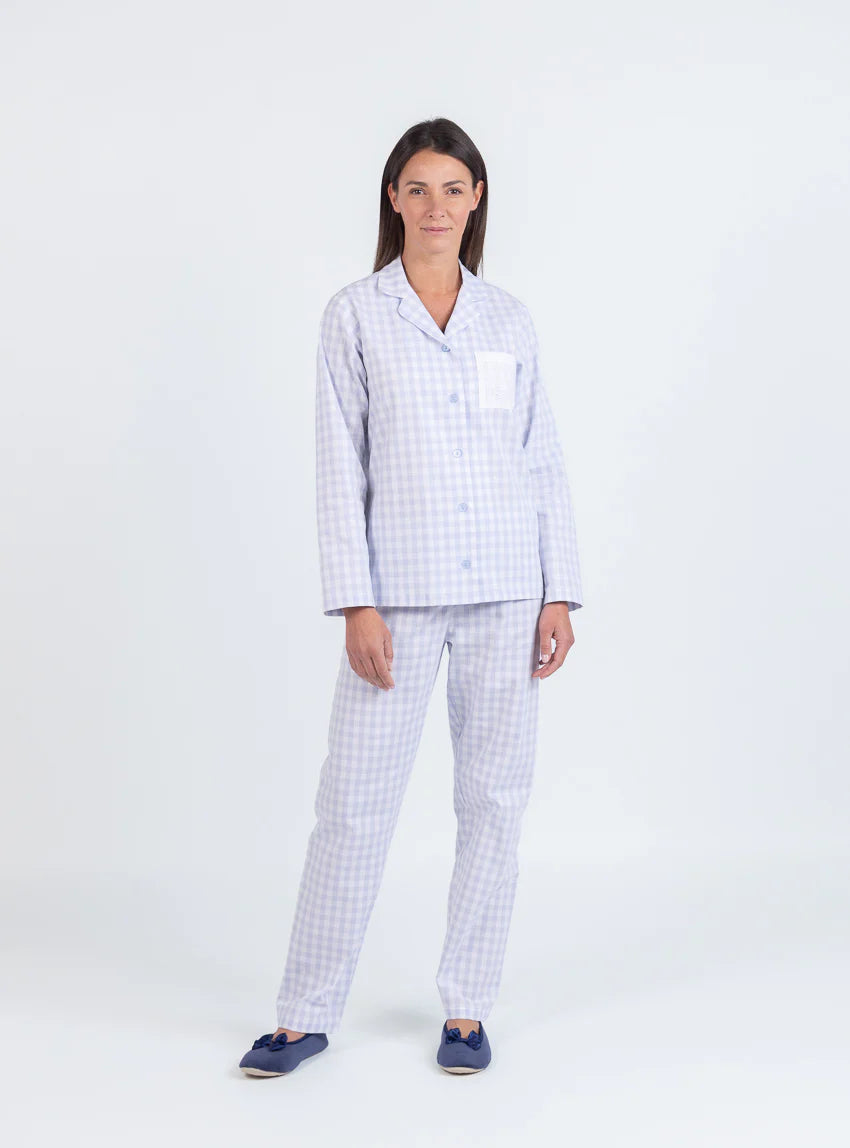 Pyjama femme en coton vichy bleu pastel