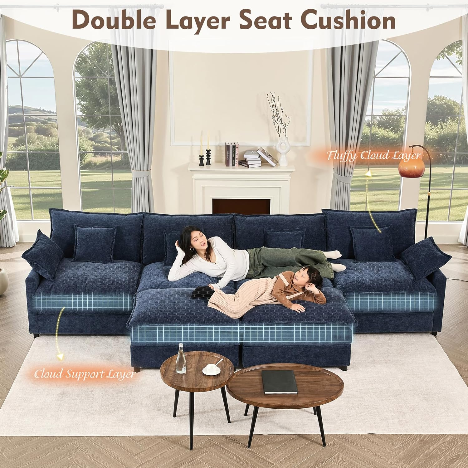 108 U Shaped Couch, Modular Sectional Sofa, 3-Seater Comfy Cloud Couch with Movable Ottoman, Deep Seat Couches for Living Room, Chenille, Slate