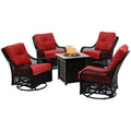2025 5-Piece Steel Patio Fire Pit Conversation Set with Navy Blue Cushions, Swivel Gliders and Square Fire Pit Table