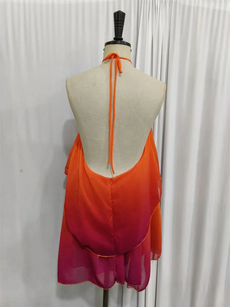 Robe courte à volants dégradé rose