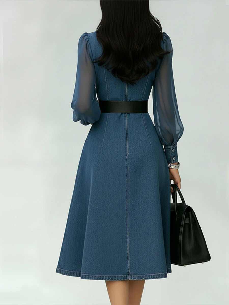 Robe en denim élégante avec panneaux de manches en organza transparent