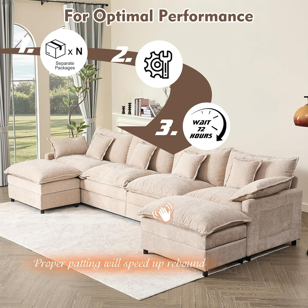 108 U Shaped Couch, Modular Sectional Sofa, 3-Seater Comfy Cloud Couch with Movable Ottoman, Deep Seat Couches for Living Room, Chenille, Slate