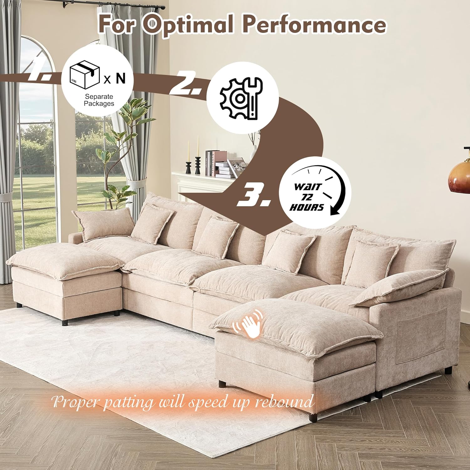 108 U Shaped Couch, Modular Sectional Sofa, 3-Seater Comfy Cloud Couch with Movable Ottoman, Deep Seat Couches for Living Room, Chenille, Slate