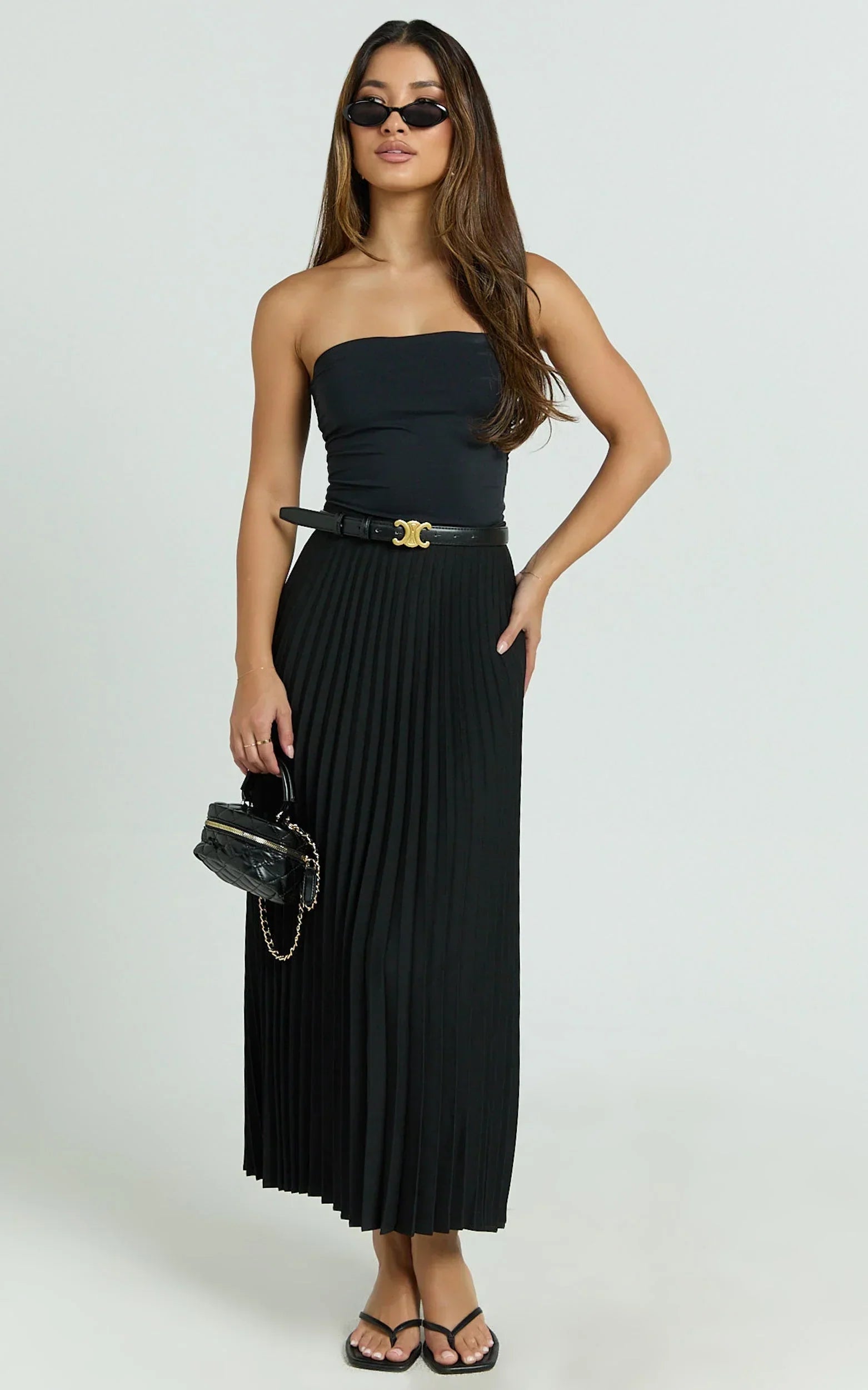 Harlee Midi Skirt - Pleated High Waist A Line Skirt in Black