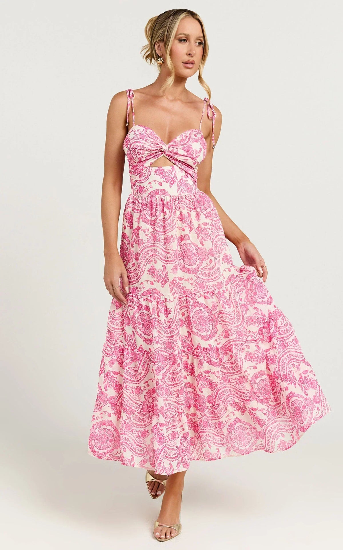 Esmeralda Midi Dress - Strappy Cut Out Tiered Dress in Pink Floral