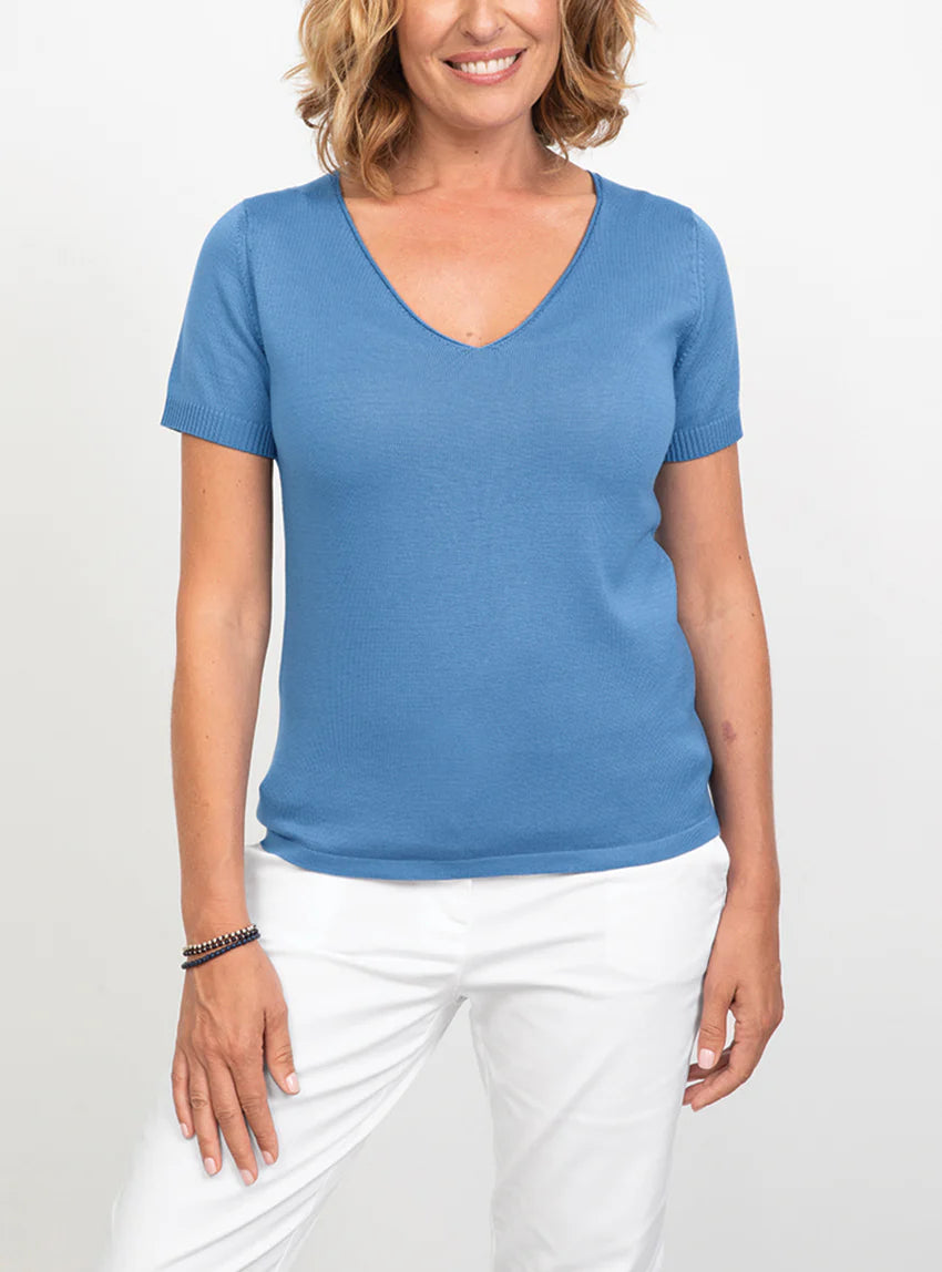 Pull femme manches courtes en coton Bleu pervenche