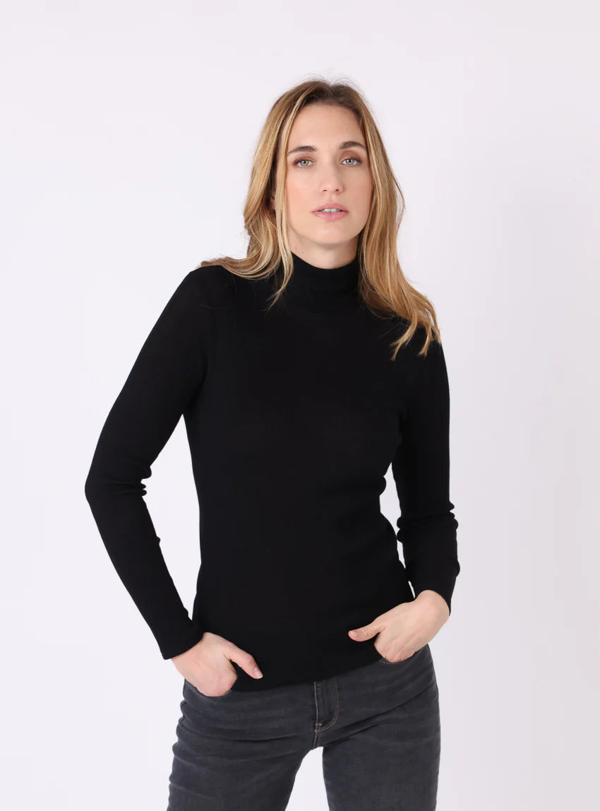 Pull chaussette col roulé laine et soie noir