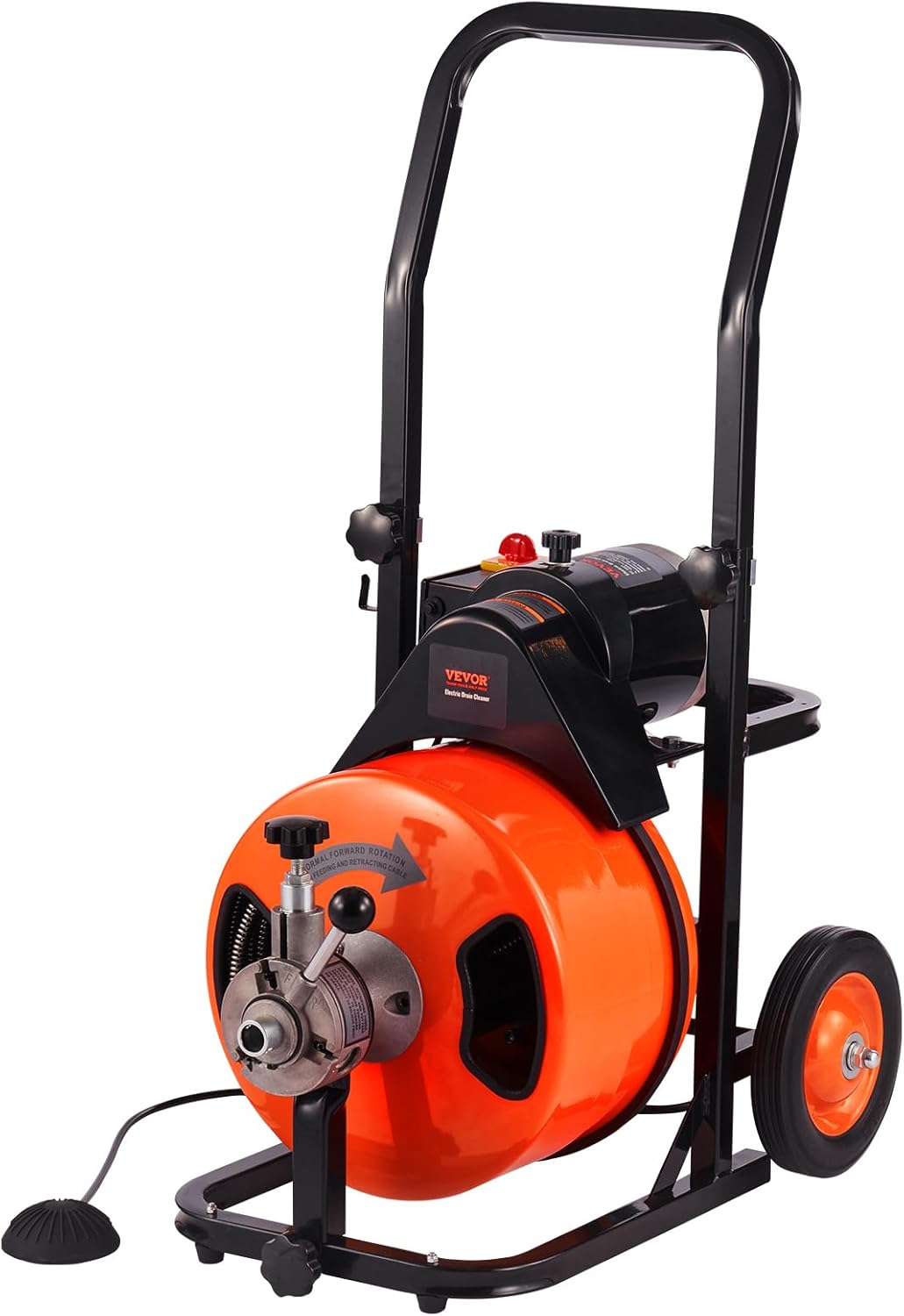2025 Drain Cleaner Machine 100FT x 1/2Inch, Auto Feed Sewer Snake Auger with 4 Cutter & Air-activated Foot Switch for 1 to 4 Pipes, Orange, Black