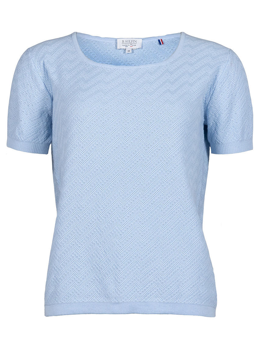 Pull femme manches courtes coton bleu azur