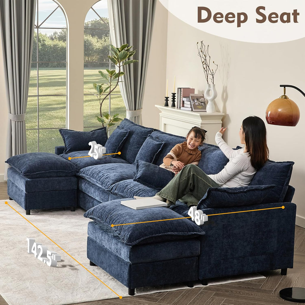108 U Shaped Couch, Modular Sectional Sofa, 3-Seater Comfy Cloud Couch with Movable Ottoman, Deep Seat Couches for Living Room, Chenille, Slate