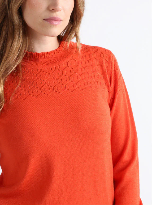 Pull femme col et maille fantaisie en laine mérinos orange