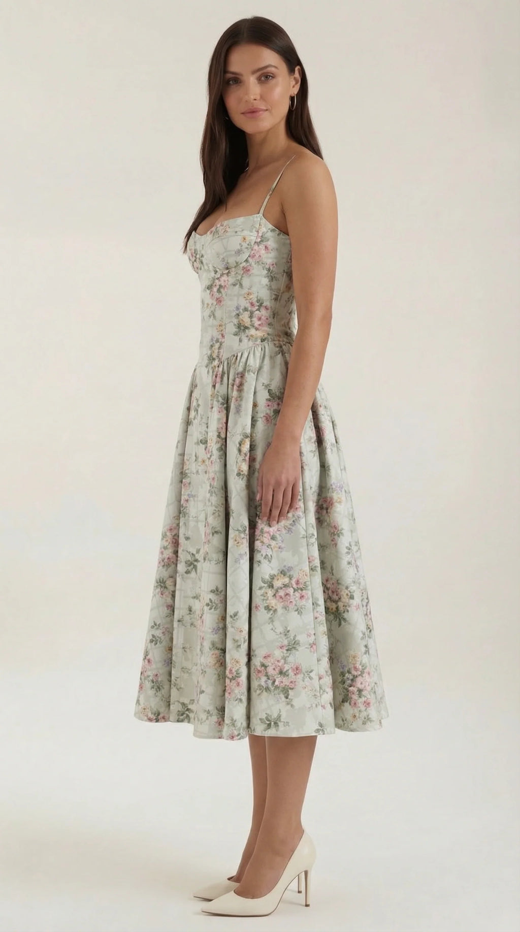Robe mi-longue corset florale pour femme avec décolleté en cœur