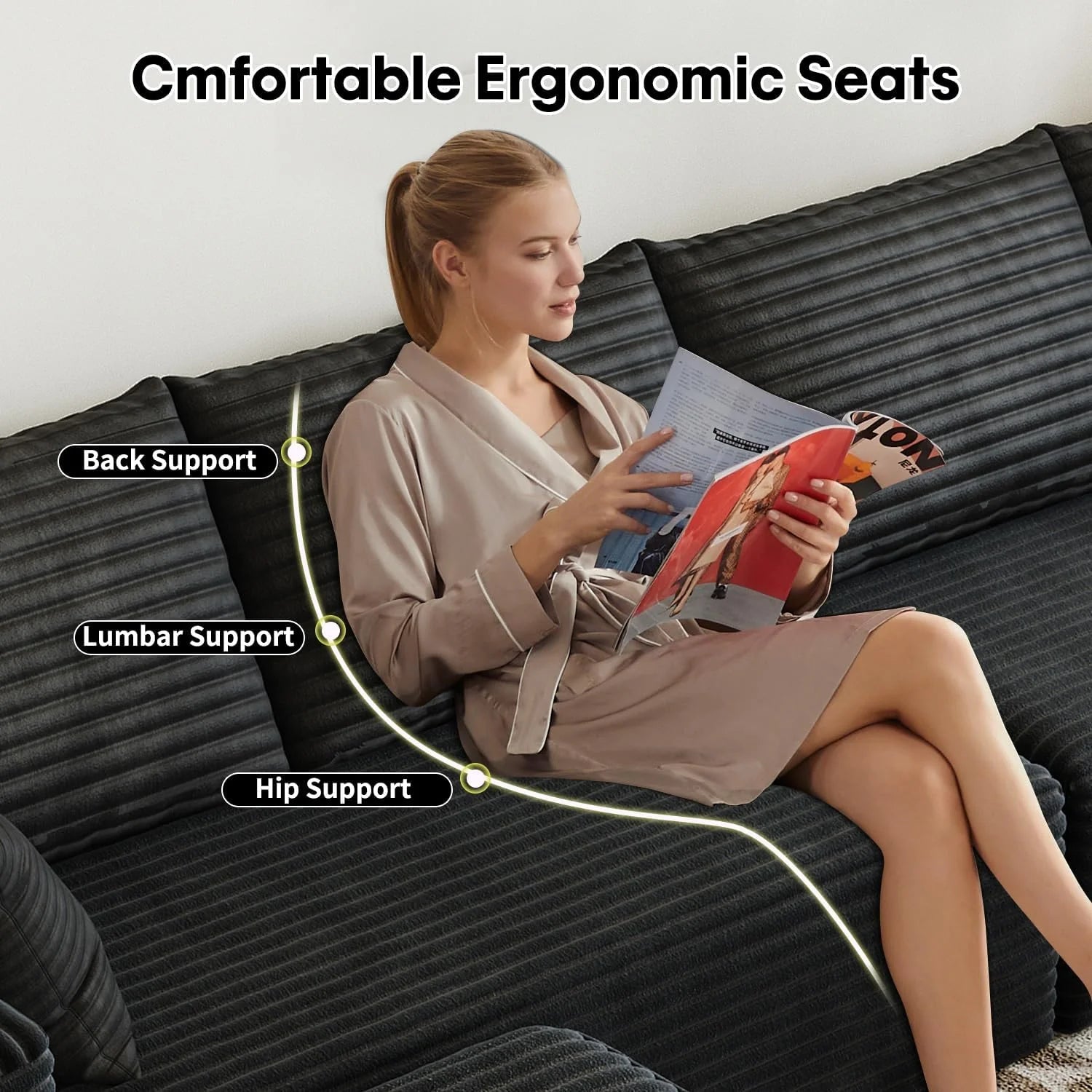 107.5 Cloud Modular Sectional Sofa Couch with L-Shape Chaise,Modern Minimalist Upholstered Couches for Living Room Bedroom,Deep Seat Corner Couch，No Assembly Required (Black,Left Facing Chaise)