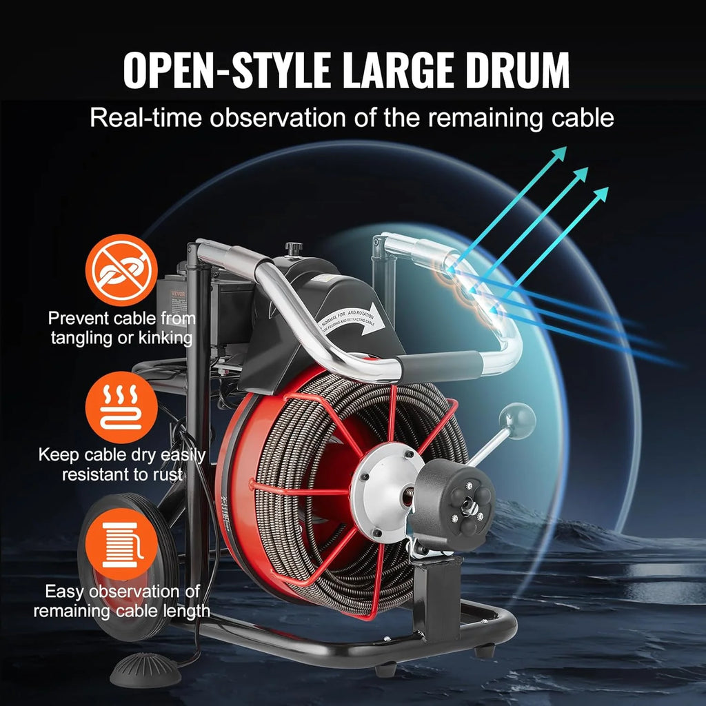 Drain Cleaner Machine 100FT x 1/2 Inch, Auto Feed Sewer Snake Auger on Wheels, 550W Portable Drain Cleaning Machine with 8 Cutters & Air-activated Foot Switch for 2 to 4 Pipes