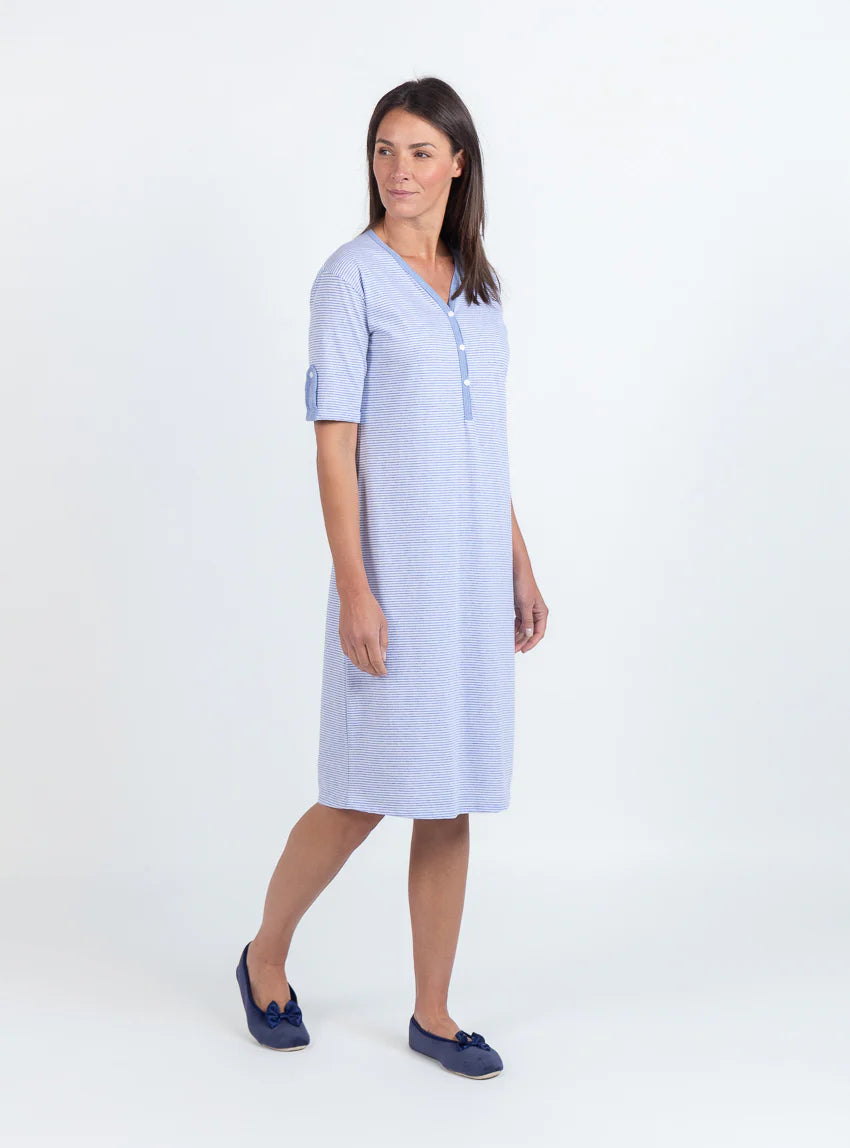 Chemise de nuit femme en coton rayé bleu