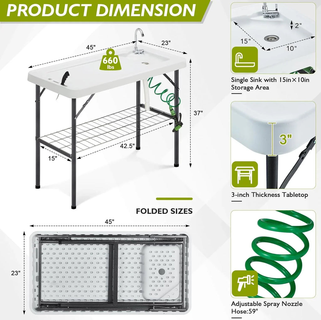 Folding Fish Cleaning Table Portable Camping Sink Table Outdoor Fish Fillet Cleaning Station
