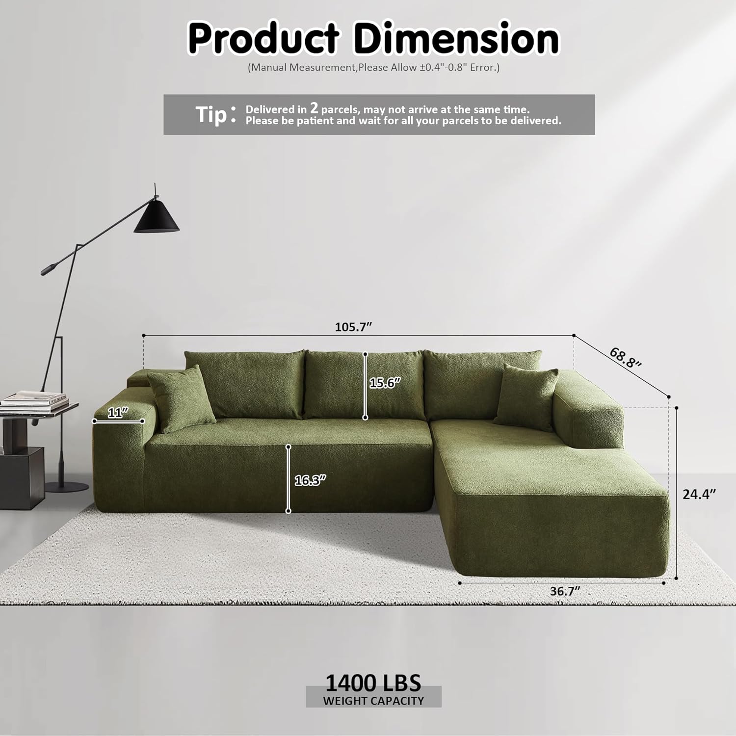 ovios 104 Cloud Sectional Couch with L-Shape Chaise,Modern Modular Sofa with Deep Seat, Upholstered Couches for Living Room Bedroom,No Assembly Required, Grey (Plush Corduroy Fabric)