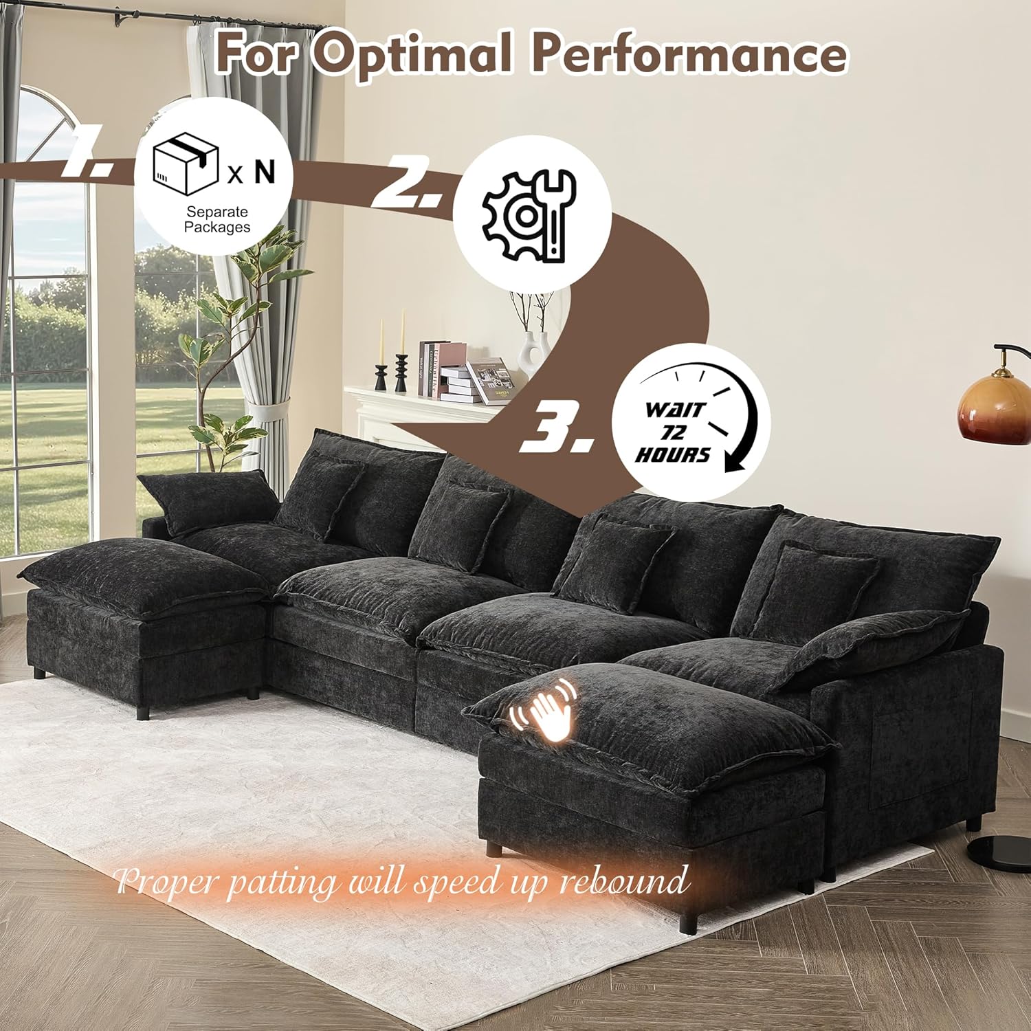 108 U Shaped Couch, Modular Sectional Sofa, 3-Seater Comfy Cloud Couch with Movable Ottoman, Deep Seat Couches for Living Room, Chenille, Slate