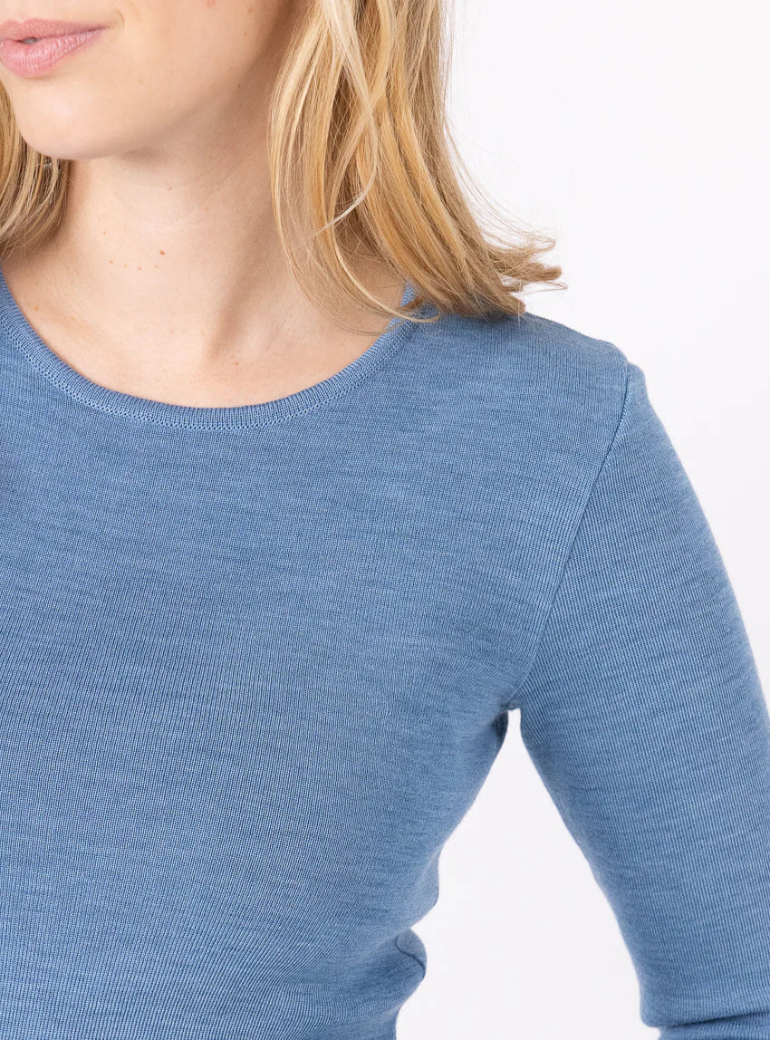 Tee-shirt thermique manches longues femme en laine merinos bleu nordique