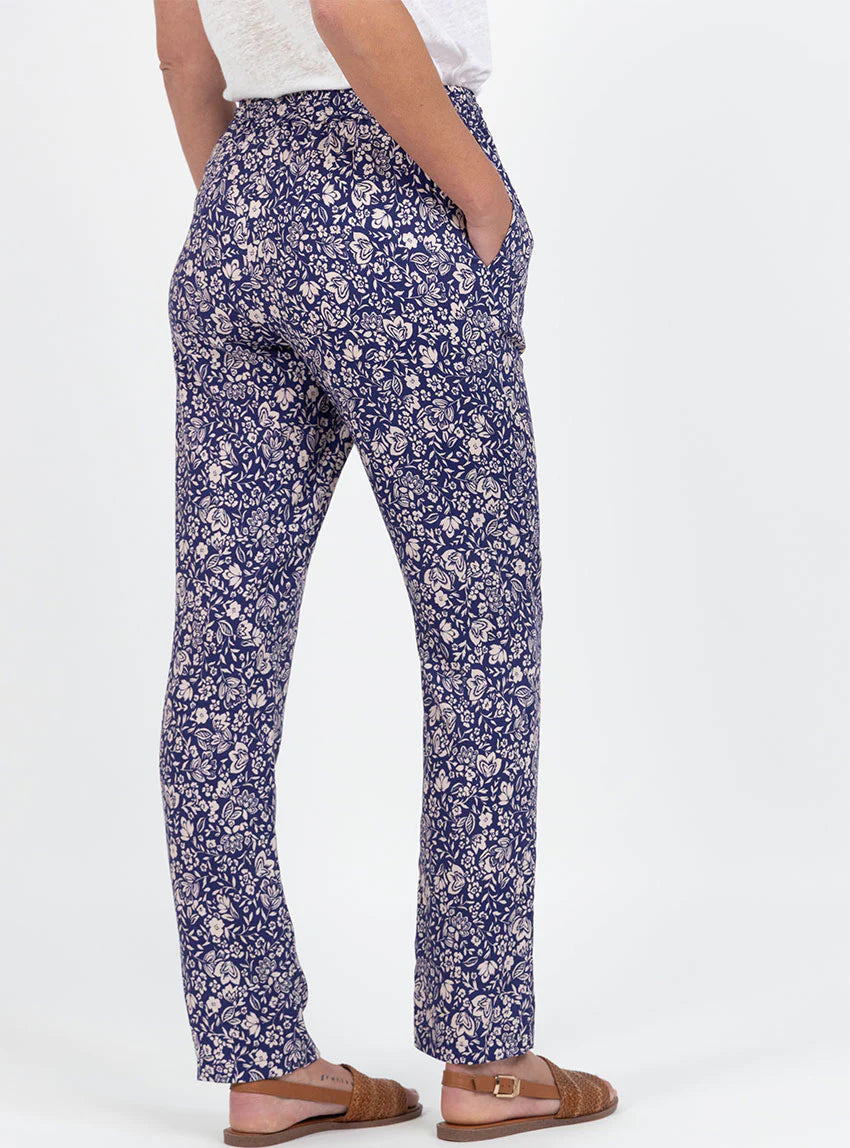 Pantalon femme en viscose imprimé bouquet bleu