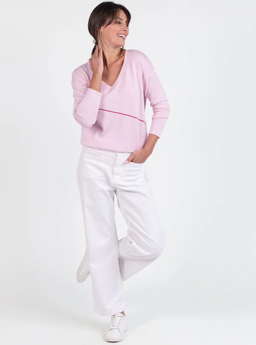 Pull femme col V en coton rose
