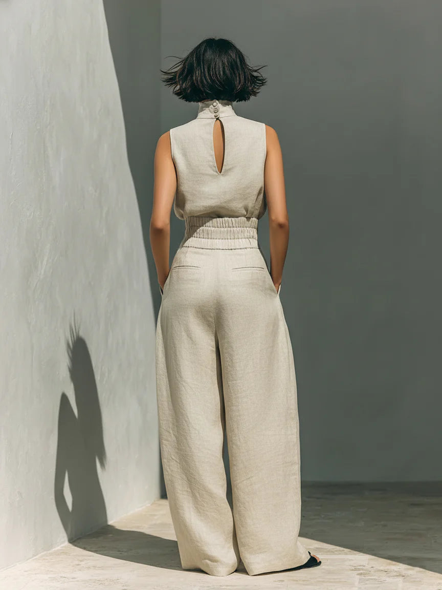 Maria - Ensemble minimaliste pour femme avec débardeur et pantalon large en coton et lin