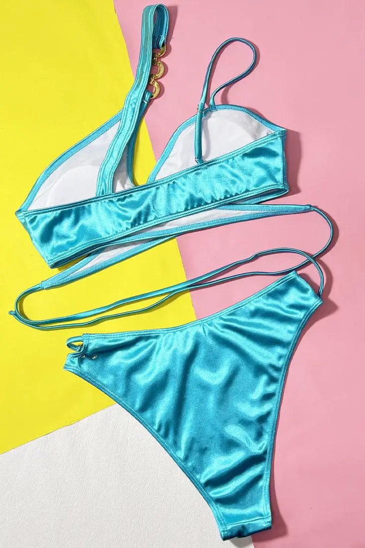 Blue Satin Gold Chain One Shoulder Strappy 2Pc Sexy Swimsuit Set Bikini