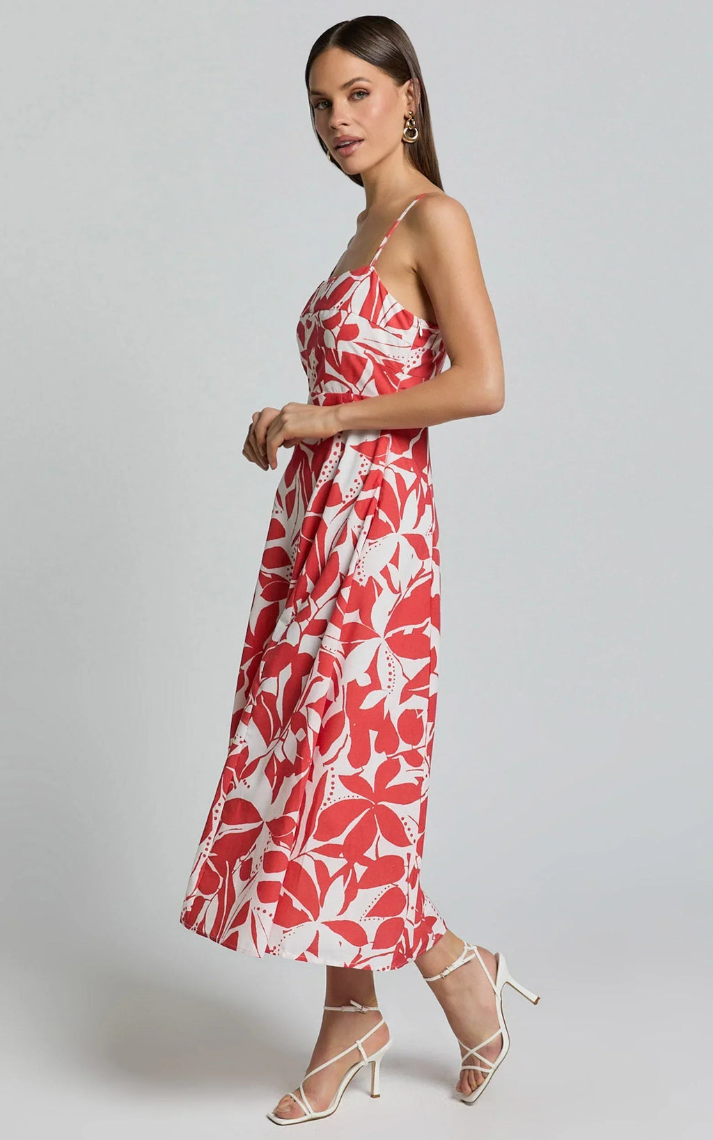 Nylia Midi Dress - Strappy Fit and Flare Dress in Red Floral