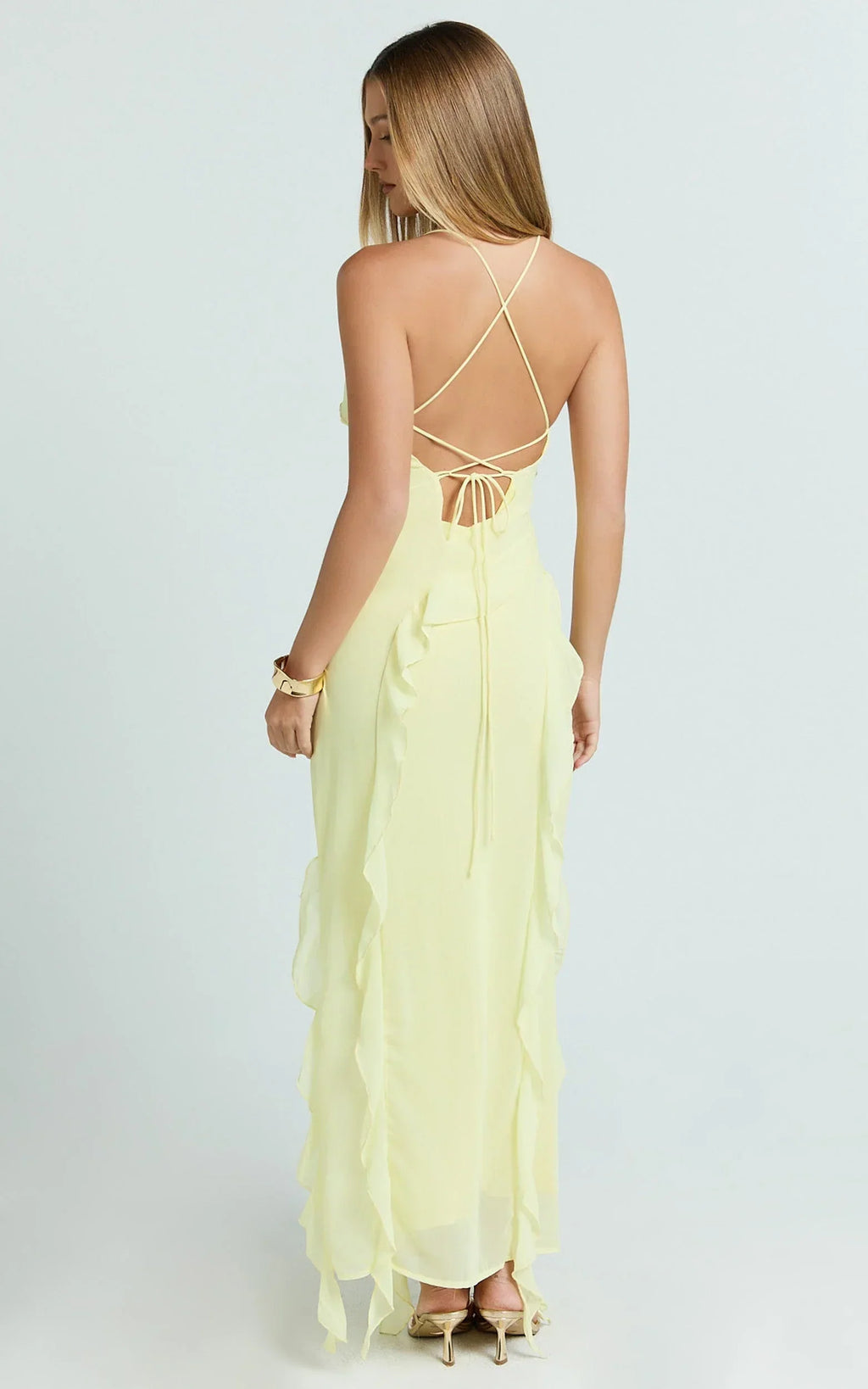 Connie Midi Dress - Ruffle Detail Dress in Lemon