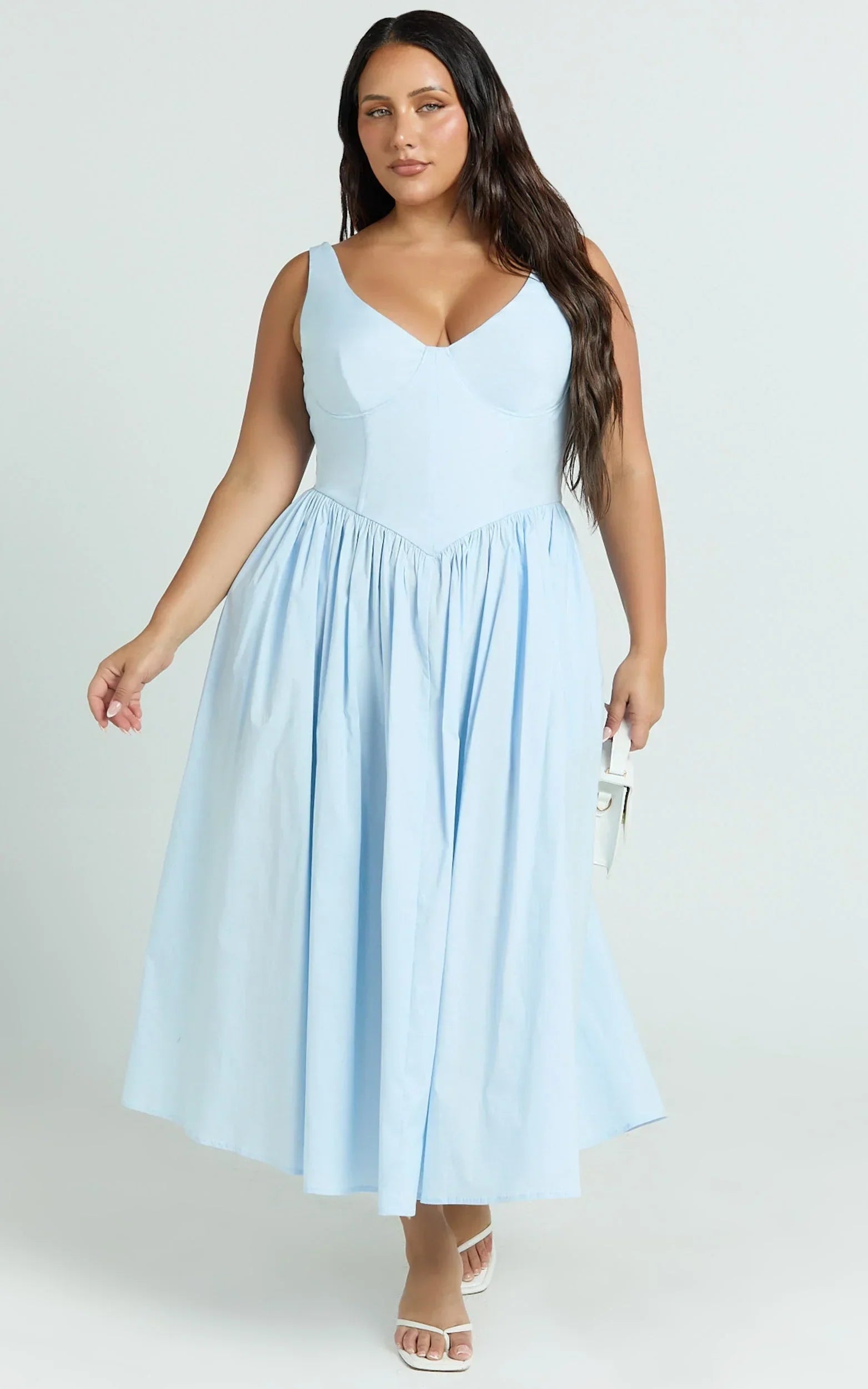 Beckett Midi Dress - Scoop Neck Drop V Waist Gathered Skirt Dress in Blue