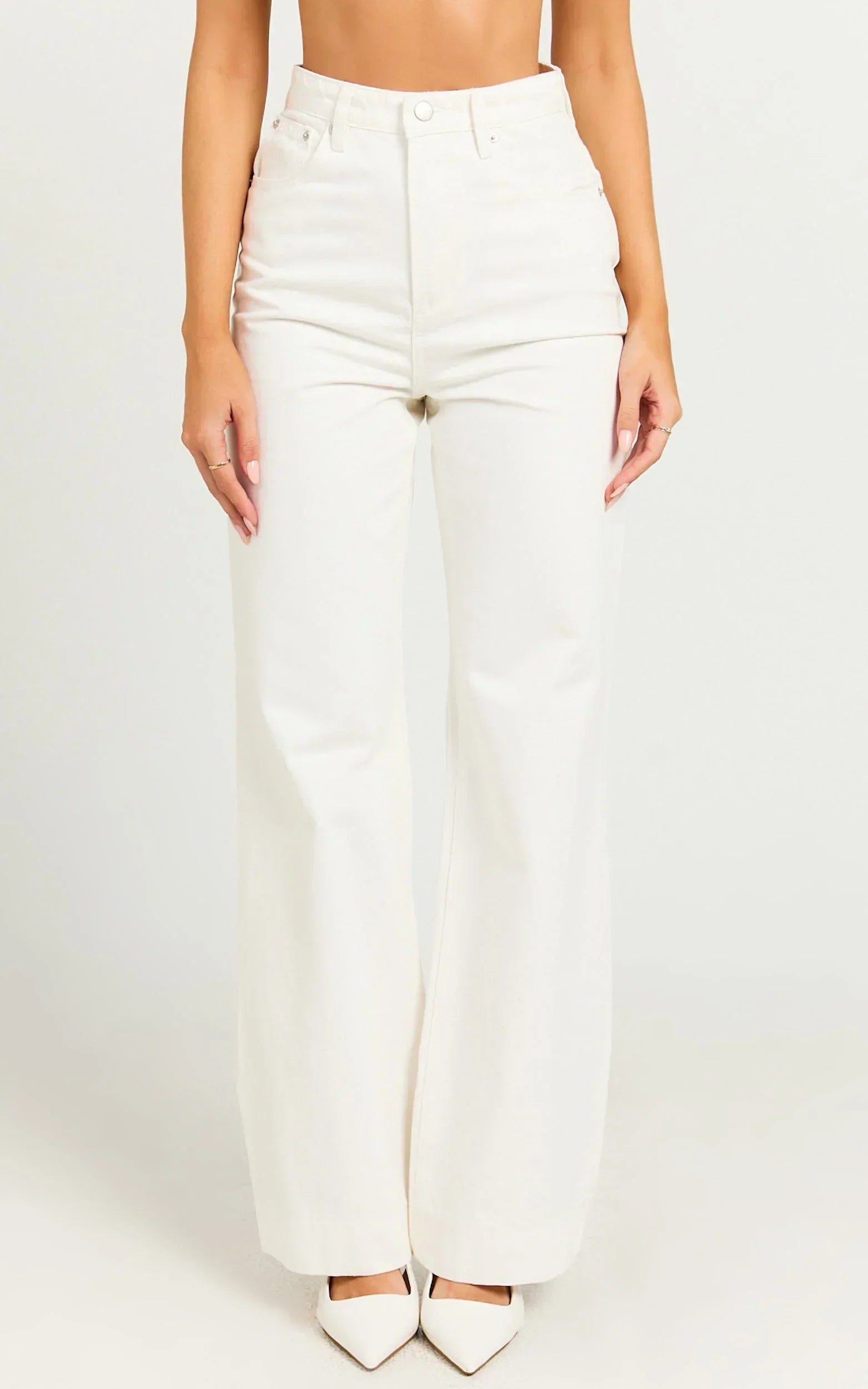 Emman Jeans - High Waisted Cotton Wide Leg Denim Jeans in Ecru