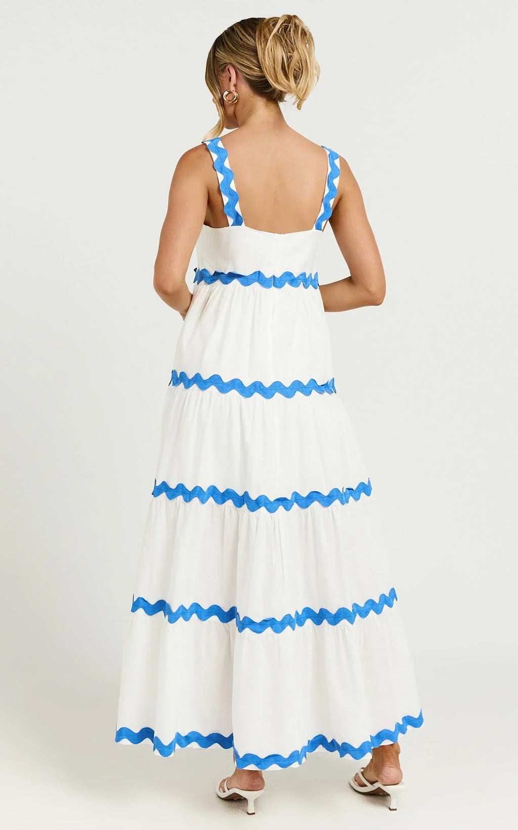 Brenda Midi Dress - Sleeveless Straight Neck Wave Detail A Line Dress in White