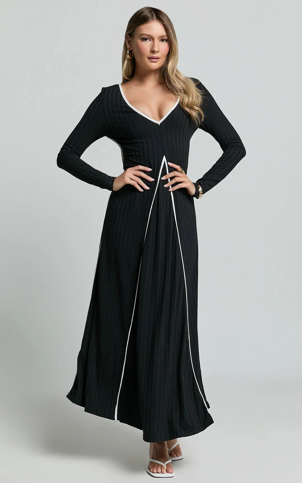Margie Midi Dress - Long Sleeve Contrast Bind Ribbed Dress in Black