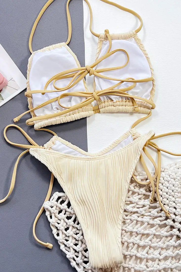 Off White Textured String Sexy 1Pc Cheeky Swimsuit Monokini