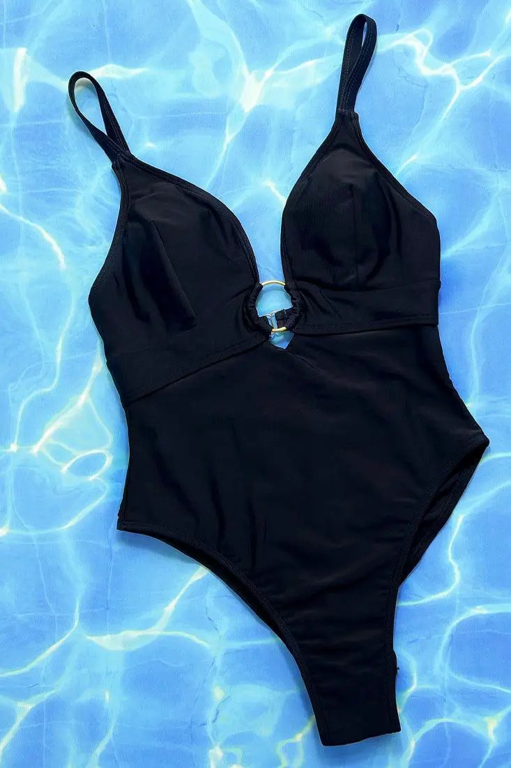 Black Push-Up Shaping Deep-V Ruched Butt Sexy 1Pc Swimsuit Monokini