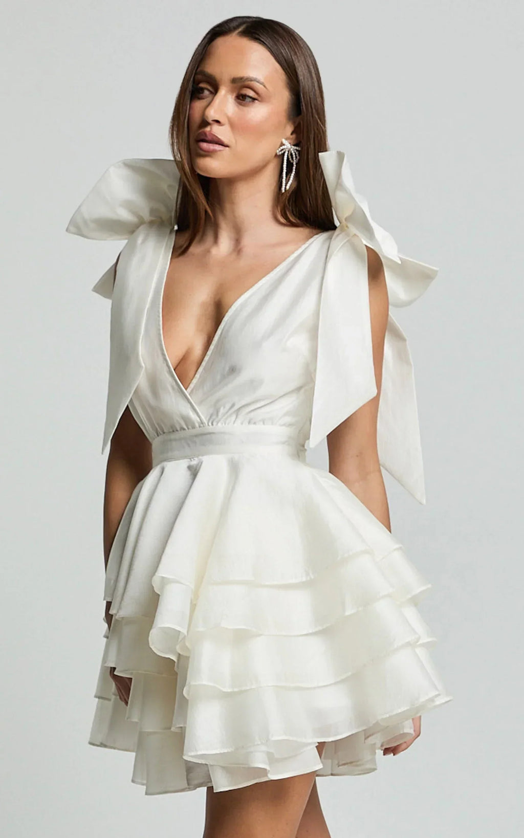 Roxanne Mini Dress - Shoulder Tie Plunge Ruffle Dress in White