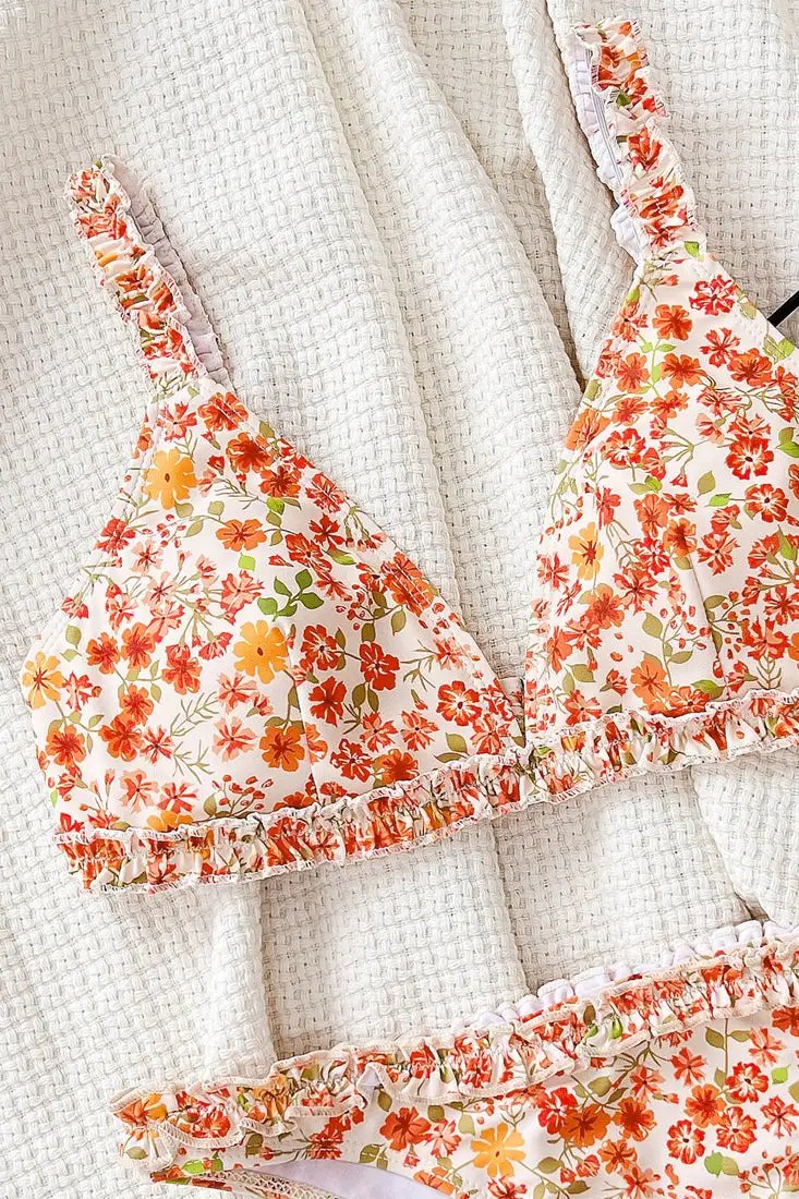 Orange Flower Print Ruffle  Cheeky 2Pc Sexy Bikini Swimsuit