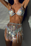 Silver Holographic Wired Top Bikini Sequin Fringe Cover-Up 3Pc Sexy Swimsuit