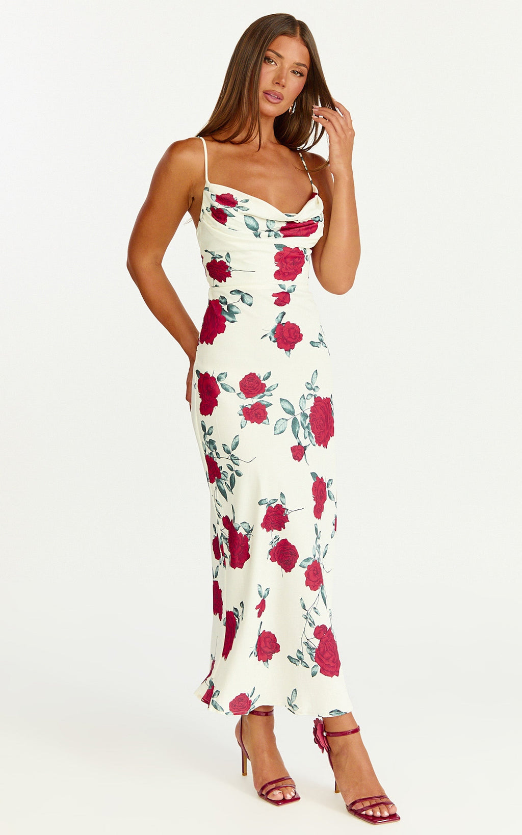 Dahlia Midi Dress - Cowl Neck A Line Dress in Scarlet Rose Print