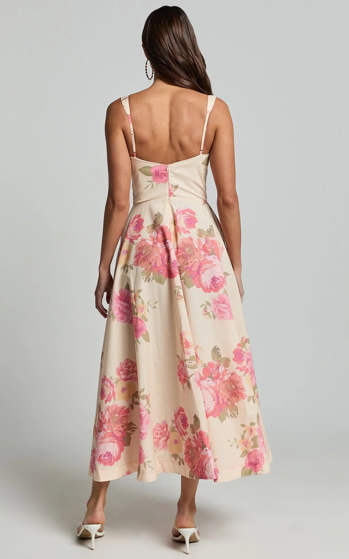 Jonas Midi Dress - Ruched Corset Lace Trim Dress in Vintage Spring Floral