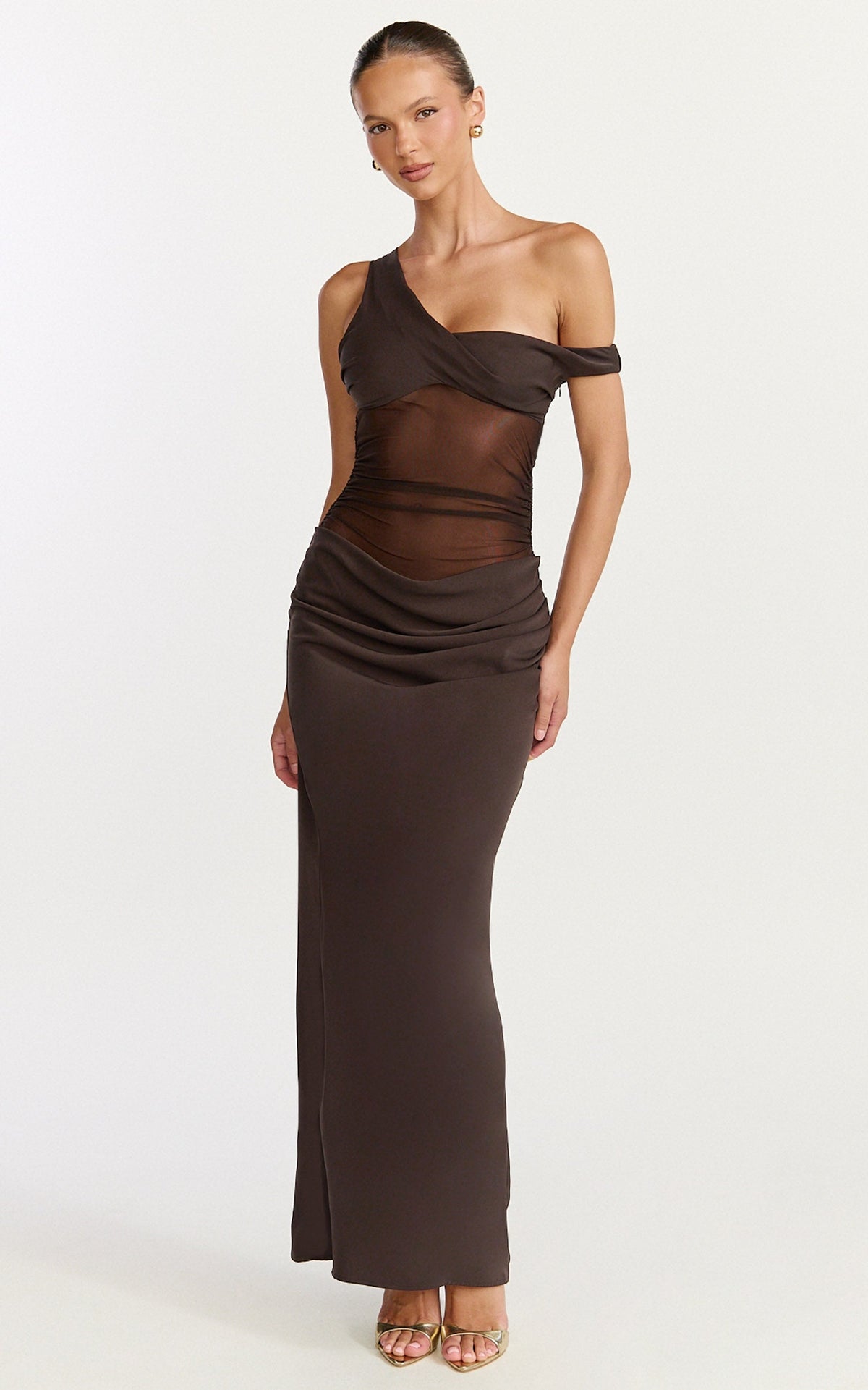 Elias Maxi Dress - Twisted One Shoulder Cowl Dropped Waist Dress in Chocolate