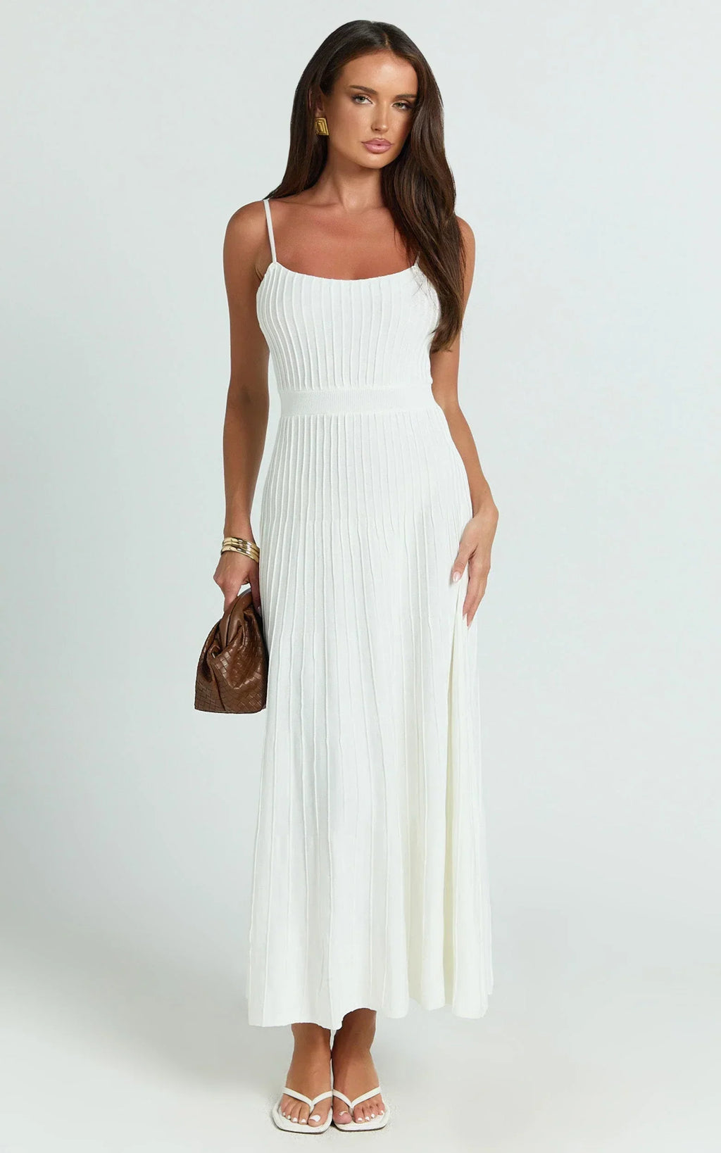 Donissa Midi Dress - Panelled Knit Dress in White