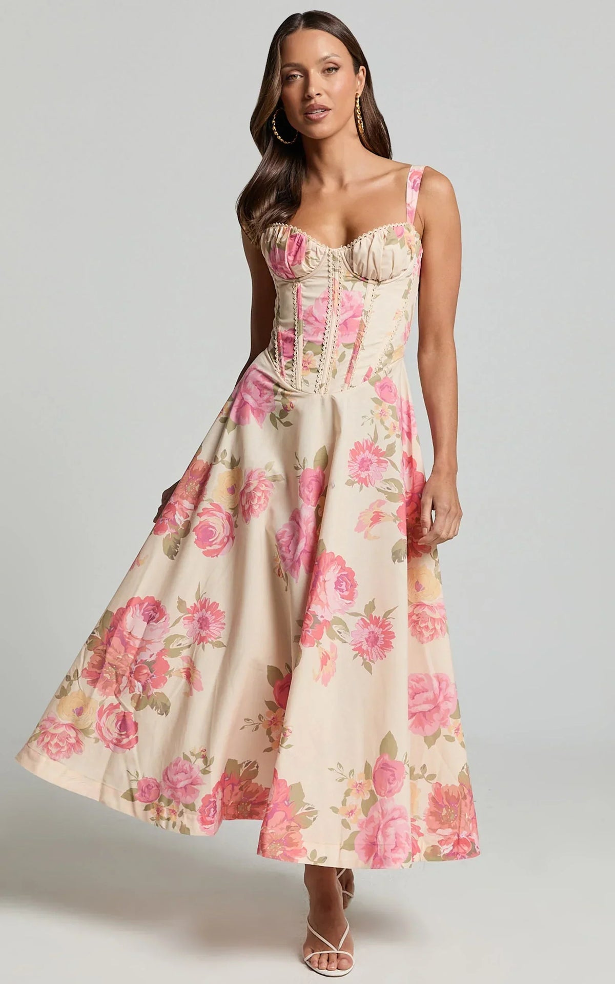 Jonas Midi Dress - Ruched Corset Lace Trim Dress in Vintage Spring Floral